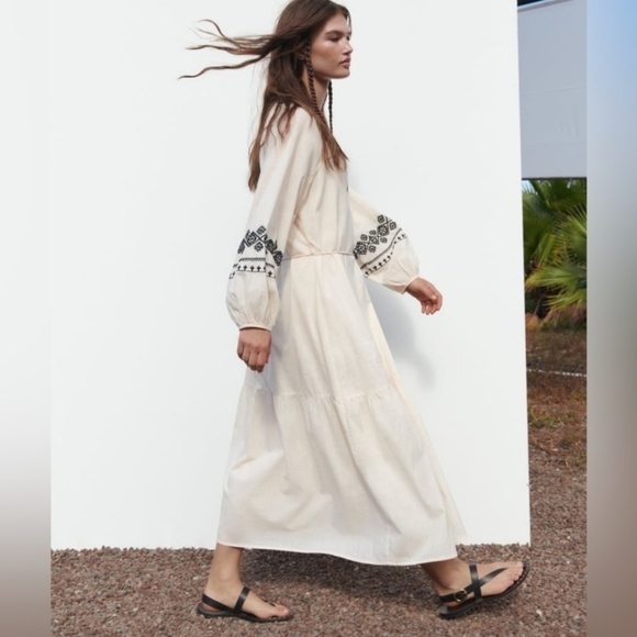 Zara New Ivory Black Embroidered Beaded Tassel Tie Flounce Maxi Dress SZ XXL - Picture 5 of 15